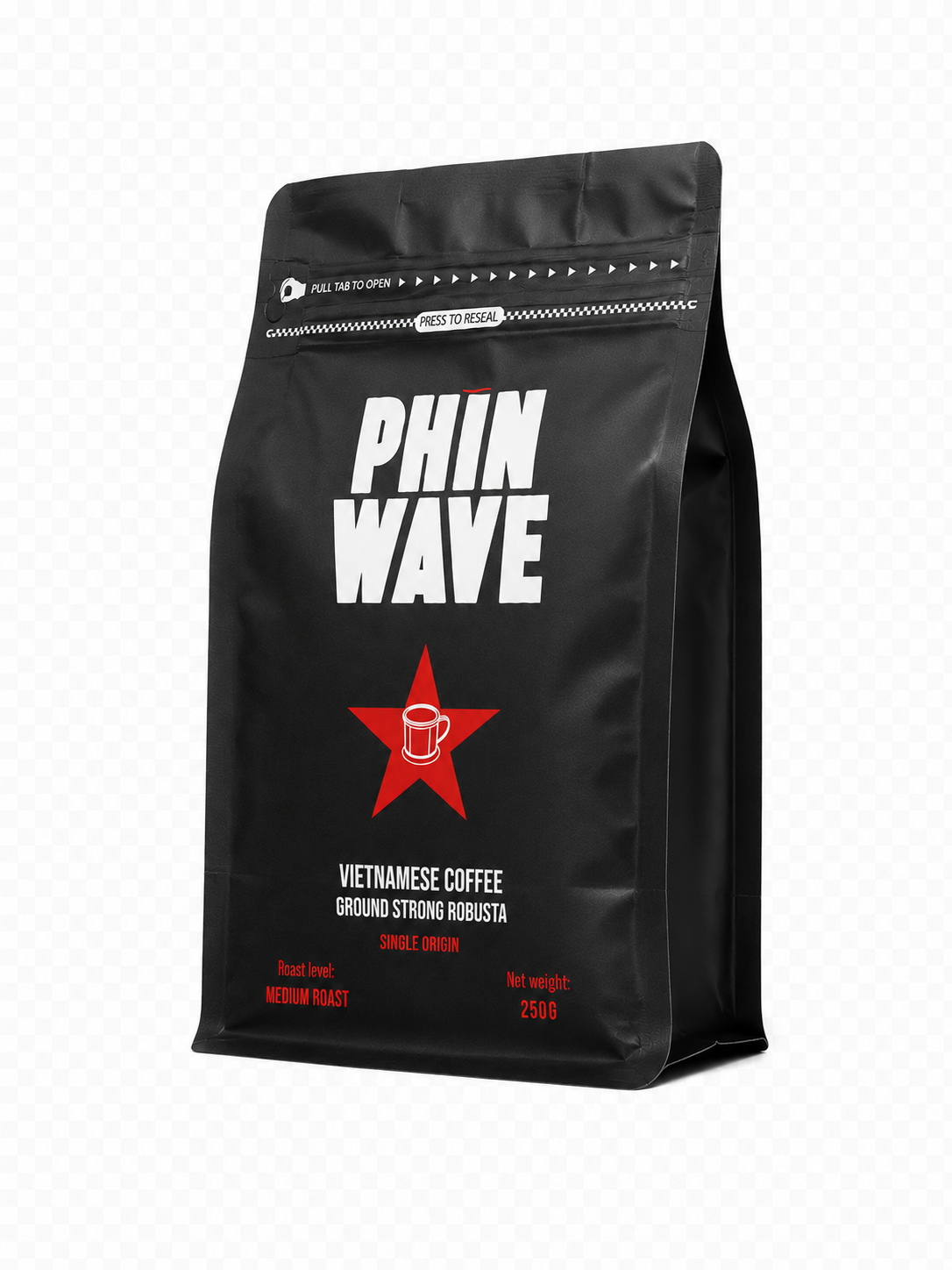 Black coffee bag with 'PHIN WAVE' branding and a red star on a white background